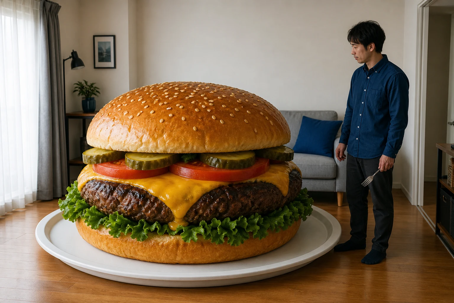 バーガーが普通の大人やソファと並ぶほど巨大になった空想の部屋