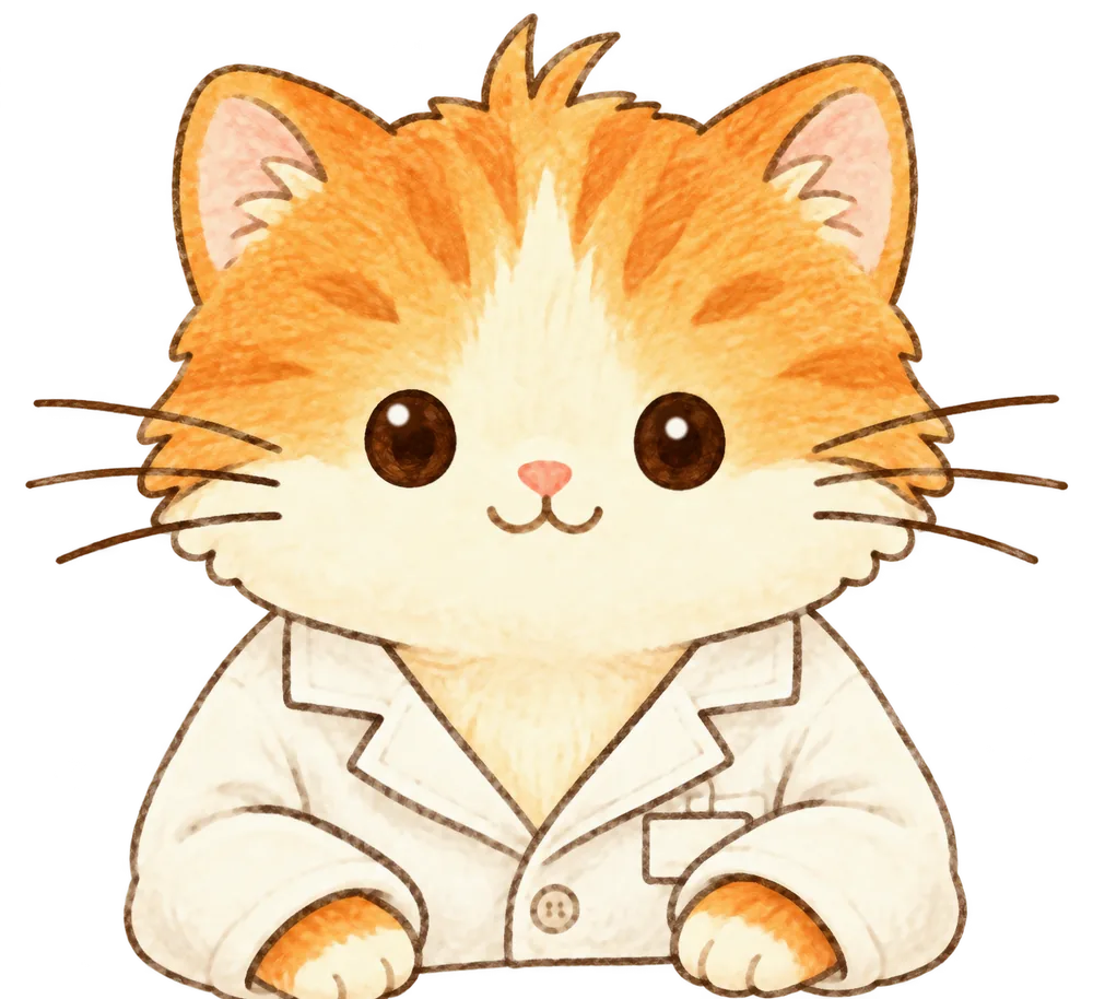 手描きの丸い子猫ルス。生後6か月以内の幼い姿で、二股の寝ぐせと左右3本ずつのヒゲ。だぶだぶの白衣は左の袖だけが長く、その前足は少しだけのぞいている